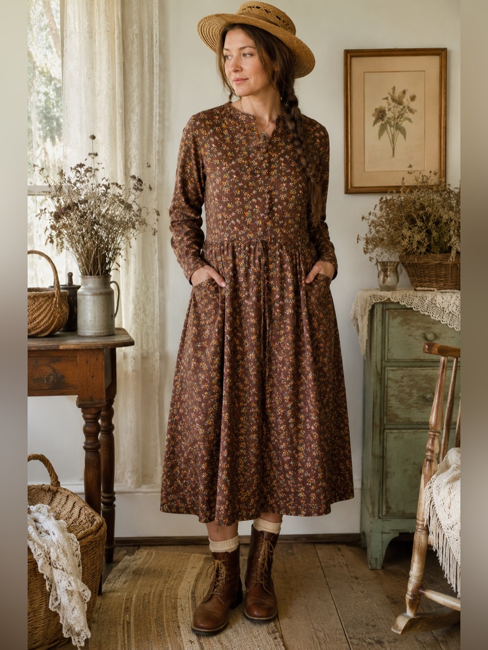Prairie Cottagecore Cotton Blend Midi Dress | Pockets | Boho Vintage Style